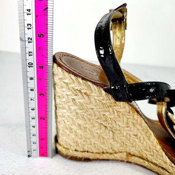 KATE SPADE Wedge Black Leather Espadrilles Sandals 8 Gold Chain Open Toe - Picture 7 of 14